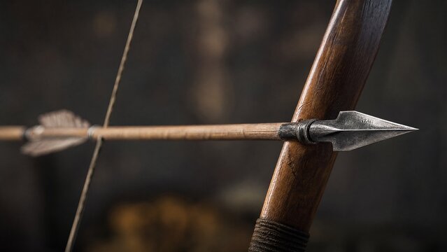 nocked. A single arrow nocked on a bowstring, focus on the arrowhead. event key visuals, club posters, designed for fitness apps and gym onboarding, used by event planners.
