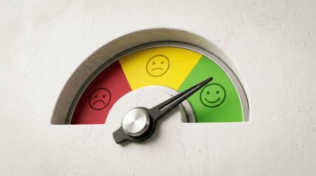 Emotional gauge meter with red yellow green zones and smiley faces on white background