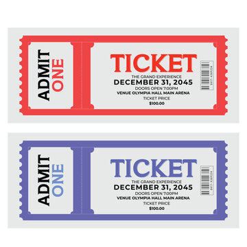 Event ticket templates set with admit one tear off stub barcodes and date details vector illustration isolated on white