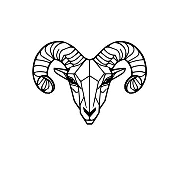 Symmetrical line art of a geometric ram head, curling ribbed horns, modern polygonal style, white background. set with simple line art design featuring simple design, minimalist, black and white wi...