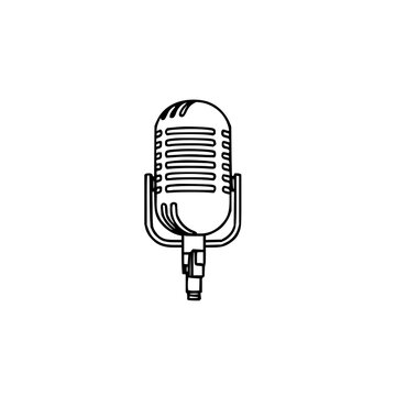 Flat vector icon of a vintage broadcasting microphone, radio symbol, bold outlines, isolated on white background. set with simple line art design featuring simple design, minimalist, black and whit...