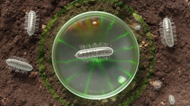 Microscopic organisms swirling in petri dish with glowing green energy tendrils, surrounded by fertile soil and other abstract microscopic life