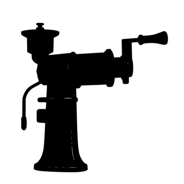 Meat grinder set with solid black silhouette on white background featuring heavy-duty, industrial, vintage with manual equipment and solid fill