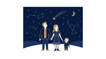 Family stargazing under constellations and shooting star © Anisah