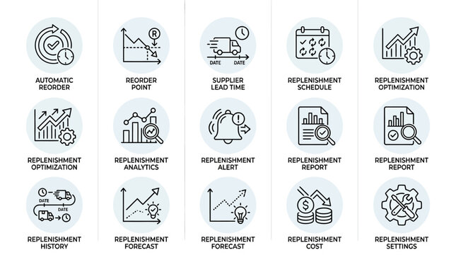 Set of inventory replenishment icons for supply chain management.
