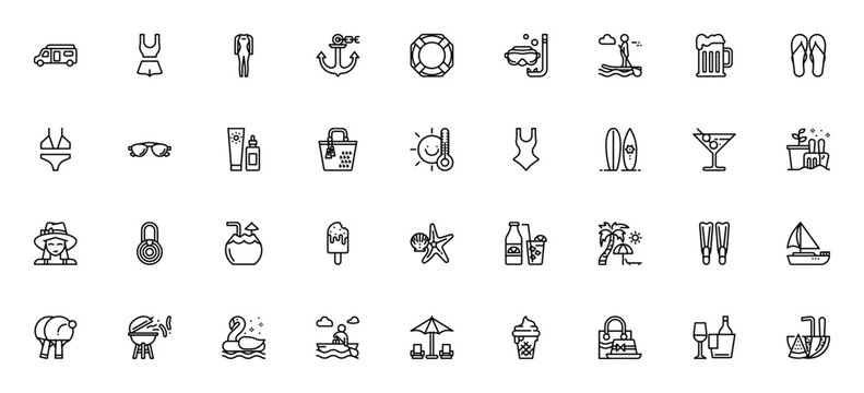 Summer icon set. Minimalist vector collection. Includes caravan, swimming suit, wetsuit, anchor, rubber ring, goggles, paddle, beer, sandals, bikini, sunglasses, sunscreen, surfboard, cocktail, ice cr