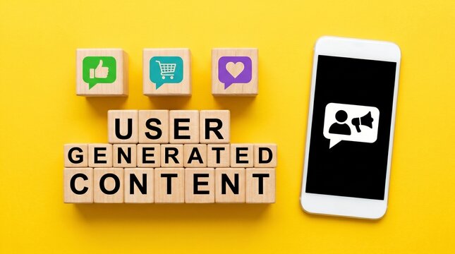 User Generated Content text on wooden blocks, social media marketing concept with smartphone and icons, digital UGC strategy on yellow background