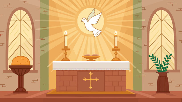 Church altar with candles dove stained glass religious christian communion sacrament building architecture interior decoration spirituality blessing congregation gathering celebration