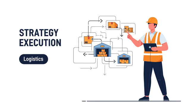 Logistics strategy execution, supply chain management, flowchart, manager with tablet