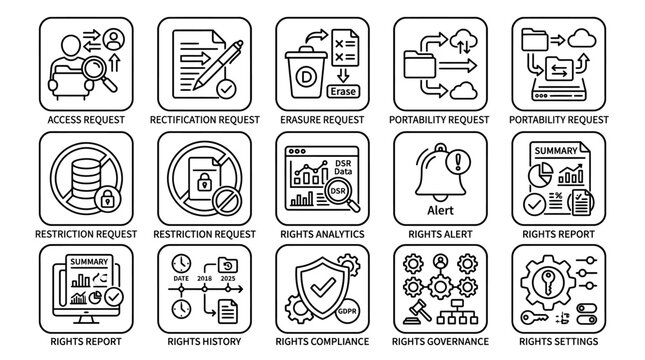Set of line icons representing data rights management and compliance.