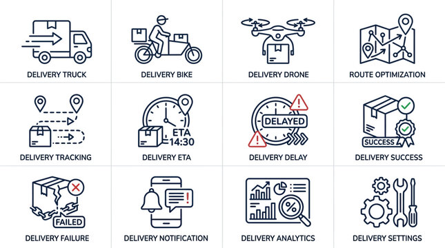 Set of logistics and delivery service icons in thin line style.
