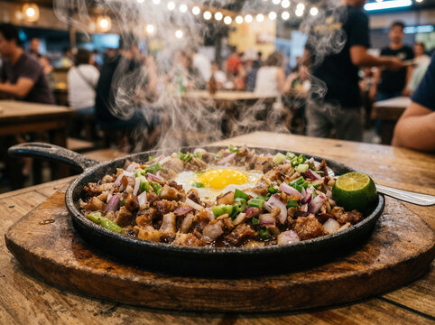 sizzling sisig on cast-iron plate with fried egg and lime