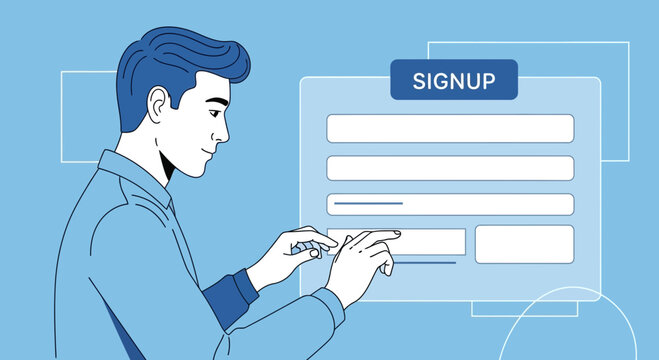 Man filling out online signup form, digital interface, blue theme