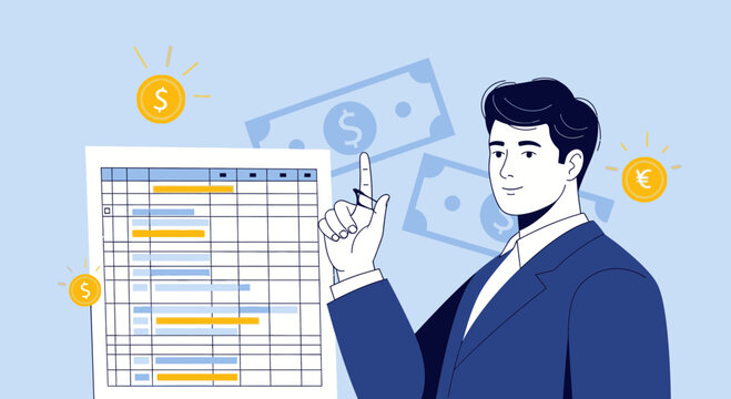 Man in suit pointing at financial spreadsheet with coins and banknotes
