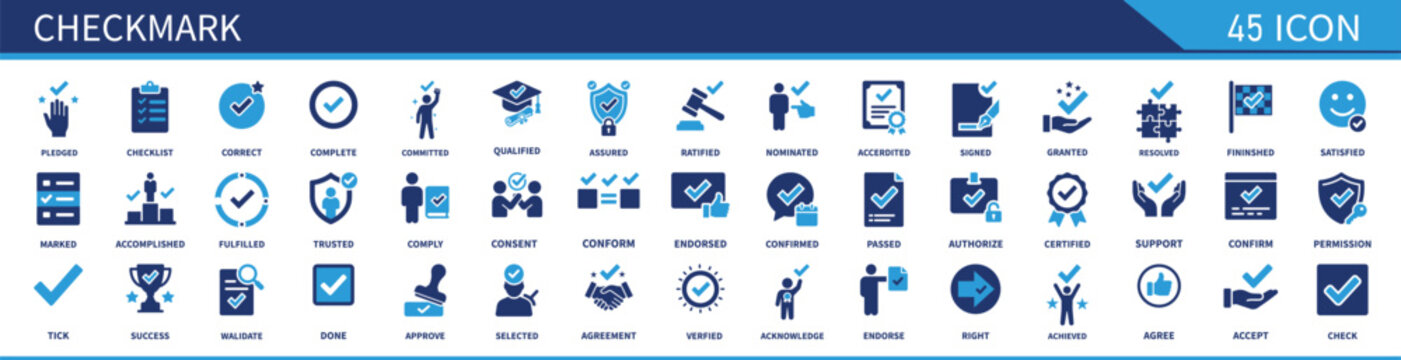 Checkmark Icon Set Containing Check, Accept, Agree, Selected, Confirm, Approve, Correct, Complete, Checklist, Verified, Certified, Tick, Solid  Vector Icons Collection
