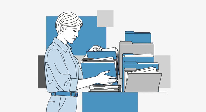 Woman organizing files and documents. Business, administration, data management concept.