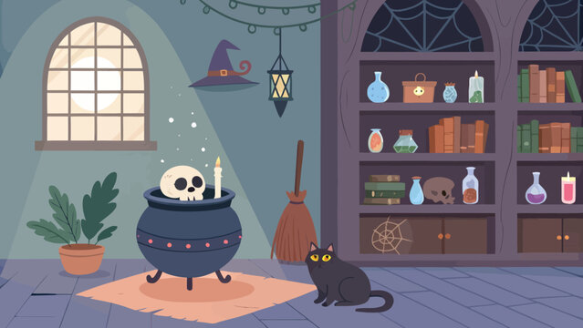 Witch's magical laboratory with cauldron skull broom black cat dark arts witch hat witch s brew halloween decoration witch s den magic potion witch s familiar witch s house halloween party
