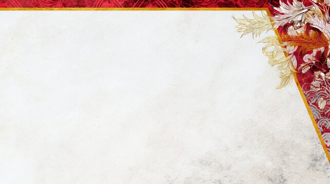 White paper with red and gold trim in Japanese-style aesthetic, minimal elegant design with traditional decorative elements for stationery, invitations, or packaging