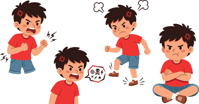 Angry Boy Character Set Showing Various Expressions of Temper Tantrum, Frustration, and Aggression for Child Psychology, Parenting Advice, and Emotional Regulation Education