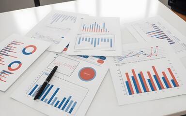 Obraz premium Collection of colorful bar graphs and charts on a white table with a black pen