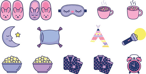 Cute Sleepover and Pajama Party Icon Set Featuring Bunny Slippers, Sleep Mask, Hot Cocoa, and Popcorn for Slumber Party Invitations and Bedtime Relaxation Designs © Sanjida