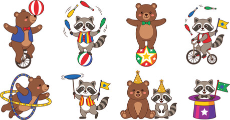 Cute Circus Animal Character Set Featuring Bear and Raccoon Performing Magic Tricks, Juggling, and Unicycling for Kids Party Invitations and Nursery Decorations © Sanjida