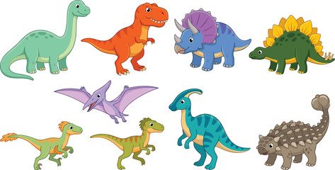 Cute Cartoon Dinosaur Character Set Featuring Tyrannosaurus Rex, Triceratops, Brachiosaurus, and Stegosaurus for Kids Education, Nursery Decor, and Childrens Book Illustration Designs © Sanjida
