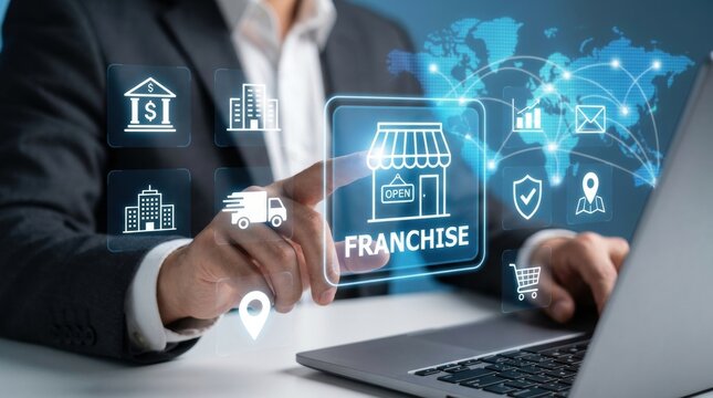 Businessman interacts with digital franchise icons on a tablet representing global entrepreneurship and investment opportunities
