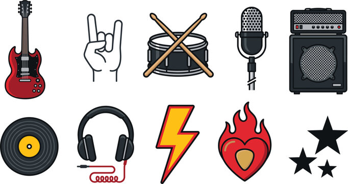 Rock and Roll Music Icon Set Featuring Electric Guitar, Drums, Microphone, Vinyl Record, and Headphones for Concert Posters, Festival Branding, and Band Merchandising
