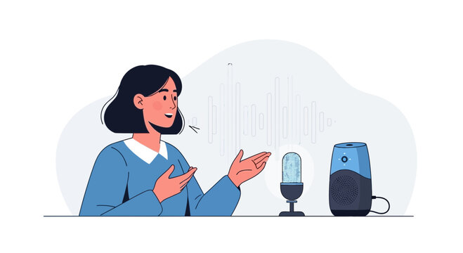 Woman speaking into microphone with smart speaker and audio waves