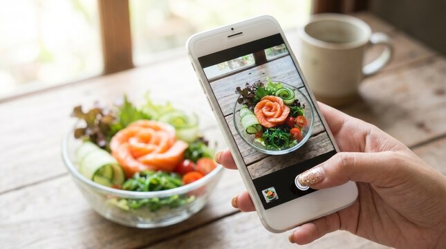 A hand holding an iPhone taking a photo of a vibrant mixed green salad with sliced salmon on top in a glass bowl on a wooden table, capturing food photography in a natural light setting.
