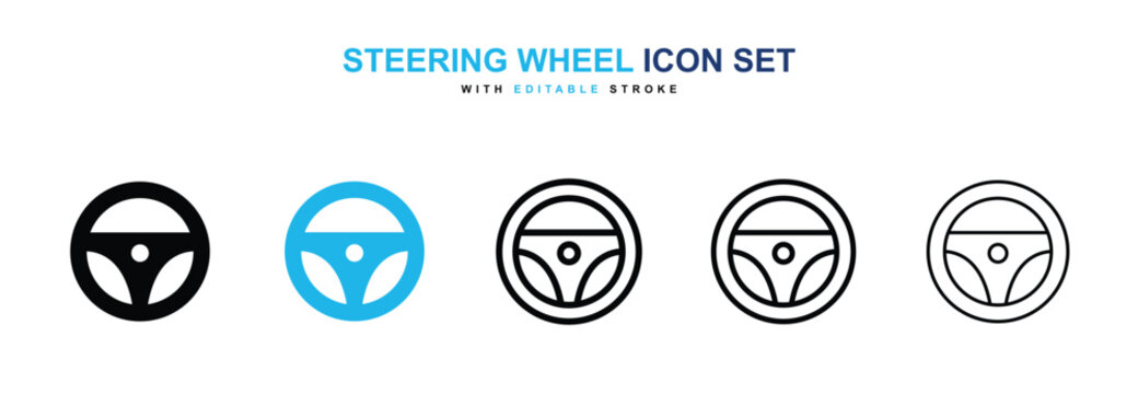 Steering wheel icons vector collection in black and blue colors on white background