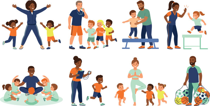 Diverse Group of Children and Coaches Participating in Various Sports Activities Gym Class Physical Education Training Session and Active Lifestyle Vector Illustration Set
