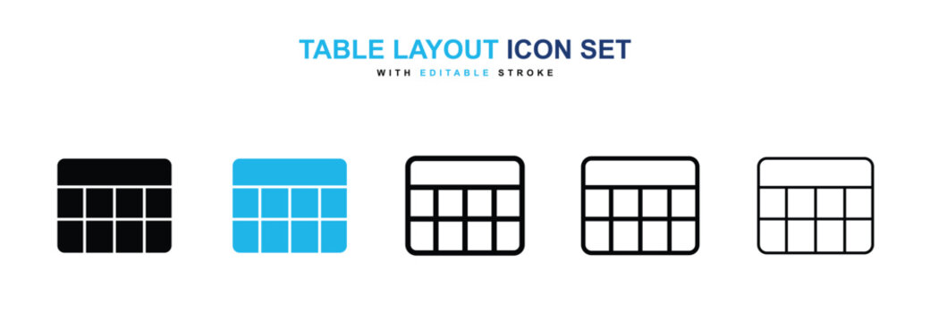 Table layout icons vector collection in black and blue colors on white background