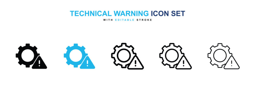 Technical warning icons vector collection in black and blue colors on white background
