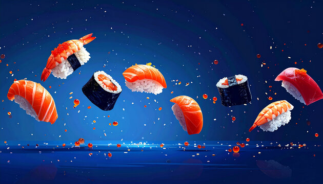 Floating sushi display on blue background