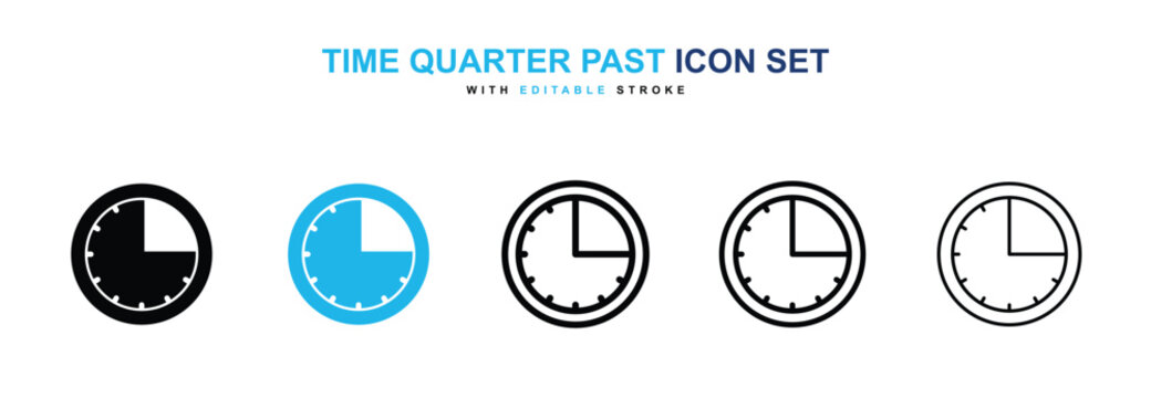 Time quarter past icons vector collection in black and blue colors on white background