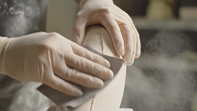 Pouring clear liquid silicone onto an anatomical torso mold and sanding the seam of a casted limb in a manufacturing workshop