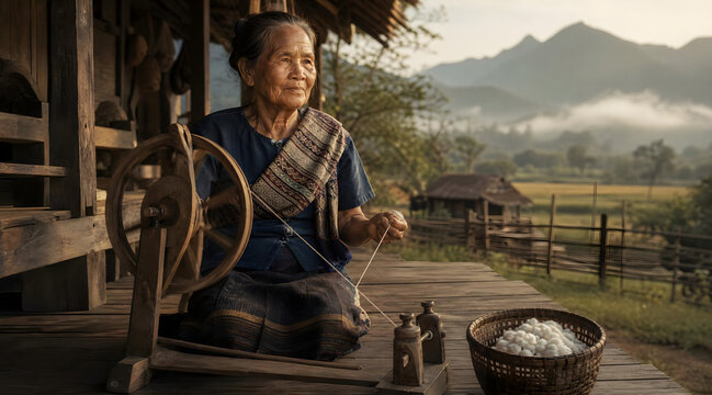 Laotian elder woman spinning cotton thread on a traditional stilt house in a remote village, early morning light, authentic vintage rural life, Laos
