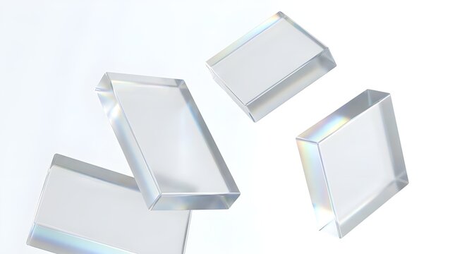 Frosted glass cubes and rectangular prisms floating against white background
