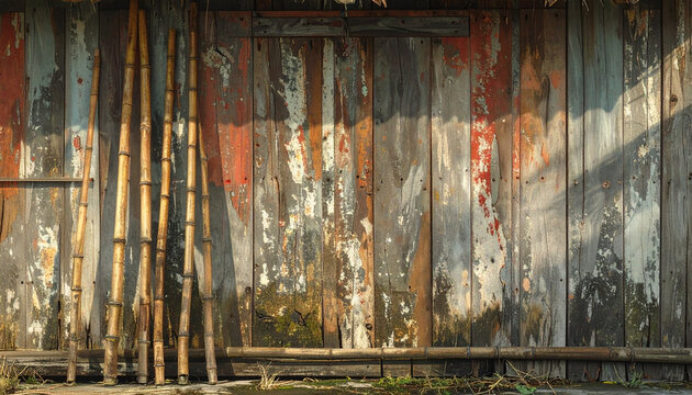 Weathered wooden wall with bamboo poles
