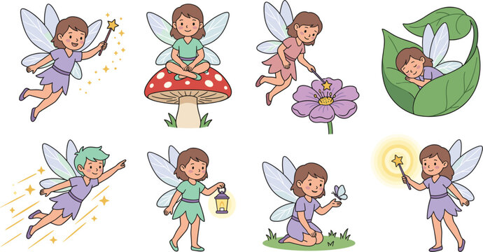 Cute Fairy Vector Set Featuring Flying, Sitting on Mushroom, Holding Lantern, Flower, Wand, and Sleeping in Leaf for Magical and Fantasy Illustrations