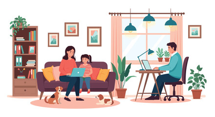 Fototapeta premium Modern home office with parents working on laptops while their daughter sits on a sofa with two family dogs nearby.
