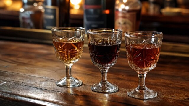 digestif. Small crystal glasses with amber liqueurs on a rustic wooden bar counter. bar promotions, beverage menus, designed for food & beverage menus and cafe branding, elevates brand perception.