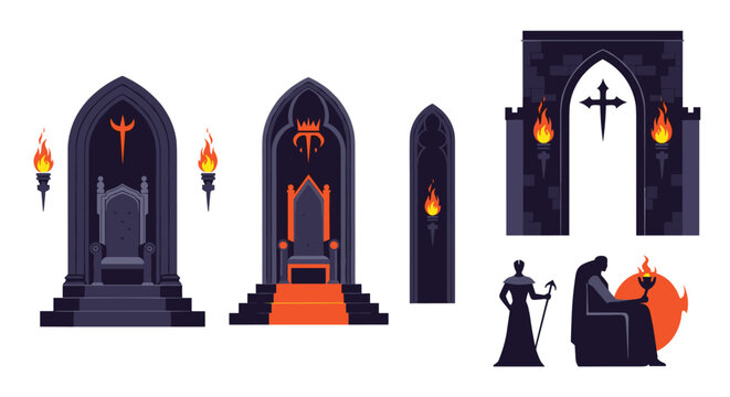 Collection of dark fantasy elements including gothic thrones, a torch, a stone archway, and character silhouettes.