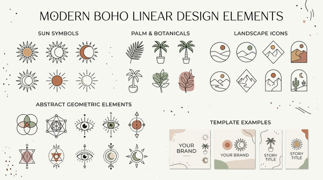 Modern Boho Linear Design Elements: Sun, Botanicals, Landscapes, Abstract, Templates