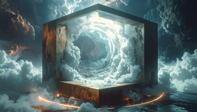 A mystical cube portal with swirling clouds and glowing energy in a dramatic sky.