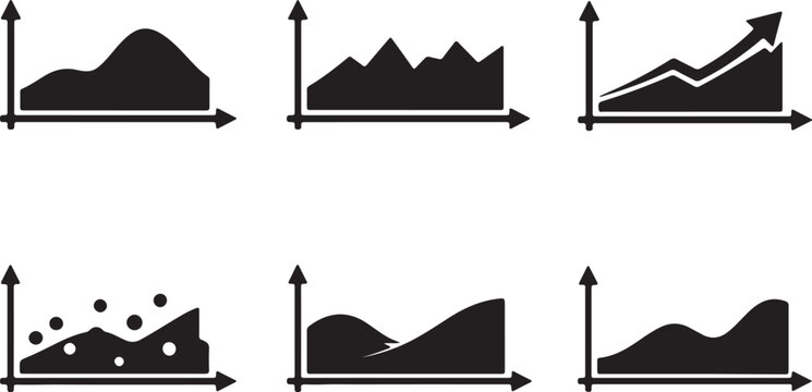 Set of six dark grey chart graphs on white background