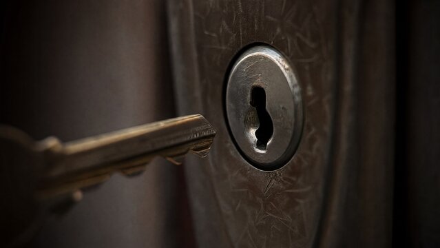 misaligned. A metal key slightly misaligned with a door lock's keyhole in dim light. product launch decks, UI/UX mockups, designed for data visualization dashboards and holographic UIs.