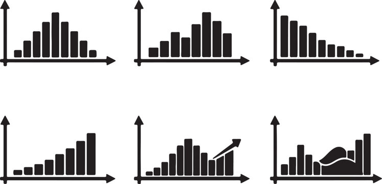 Collection of six bar chart icons showing different data trends